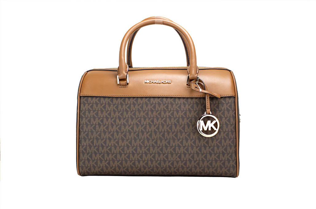 michael kors travel brown duffle on white background