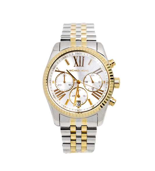 michael kors mk5955 lexington silver gold watch on white background