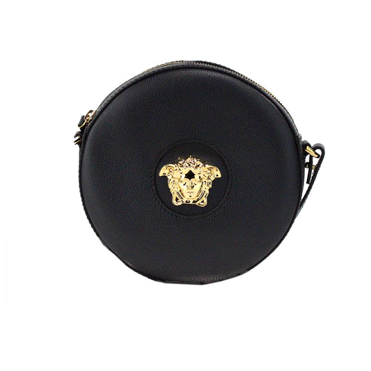 Versace Round Disco Black Leather Camera Case Crossbody Bag