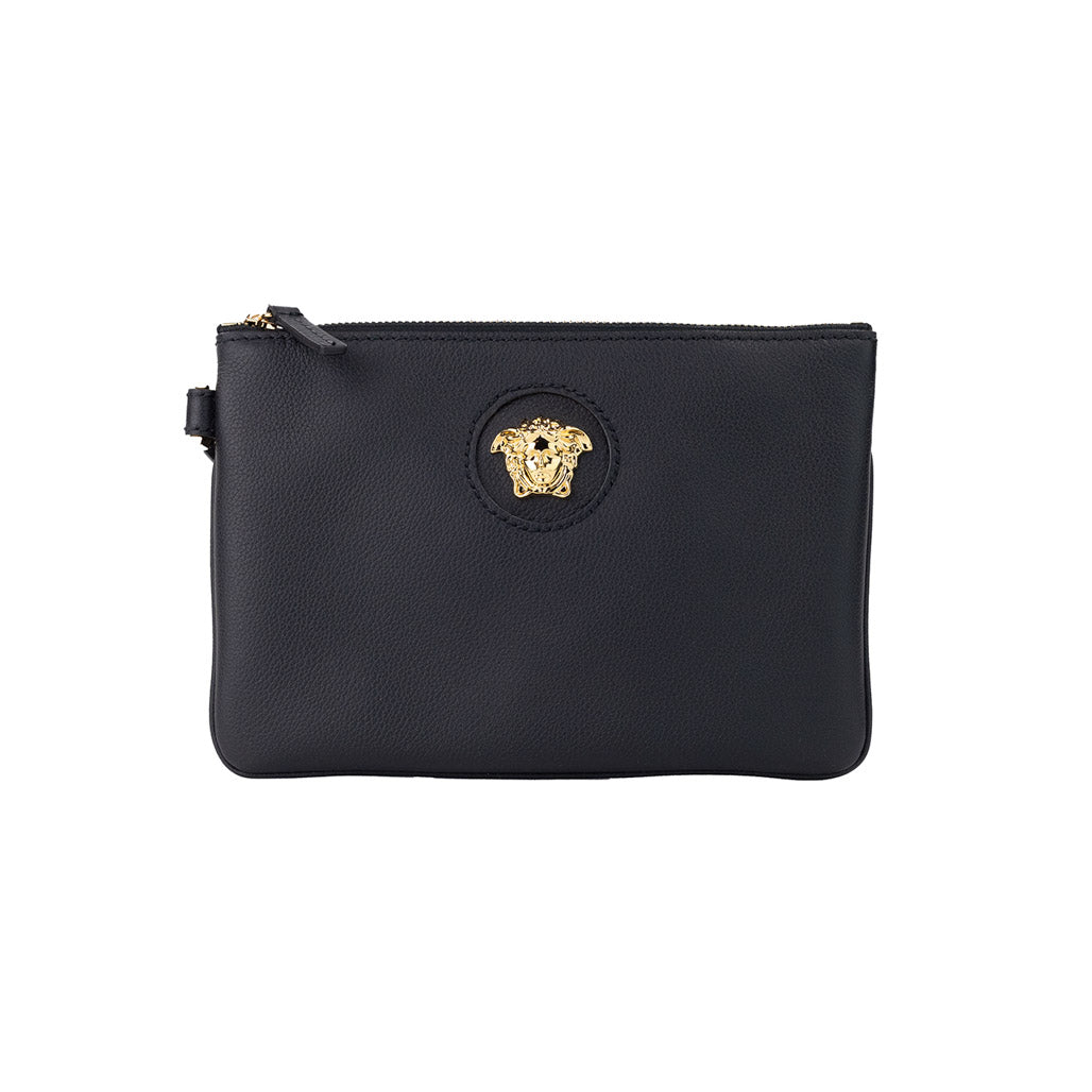 Versace Small Black Leather Wristlet Clutch Pouch