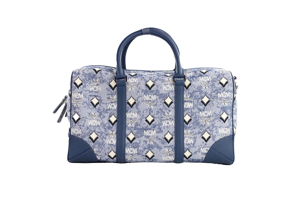 MCM Boston Medium Blue Vintage Denim Fabric Duffle Bag Crossbody Handbag