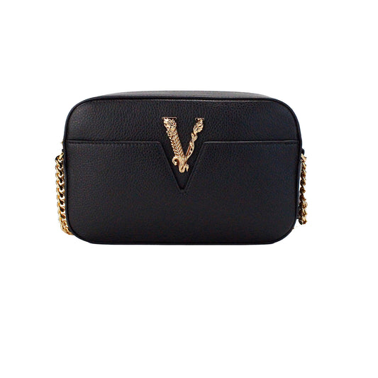 Versace Virtus Small Black Leather Camera Crossbody Bag