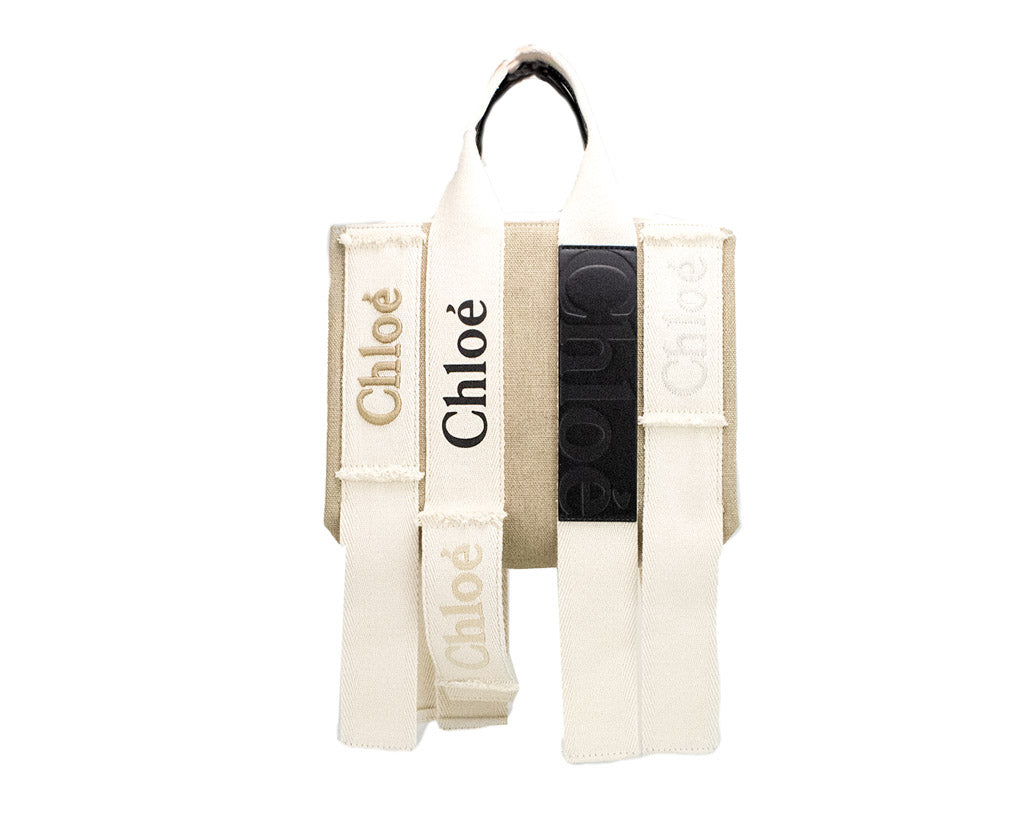 Chloe Small Undone Straps Sand Woody Tote Canvas Fabric Crossbody Handbag Purse