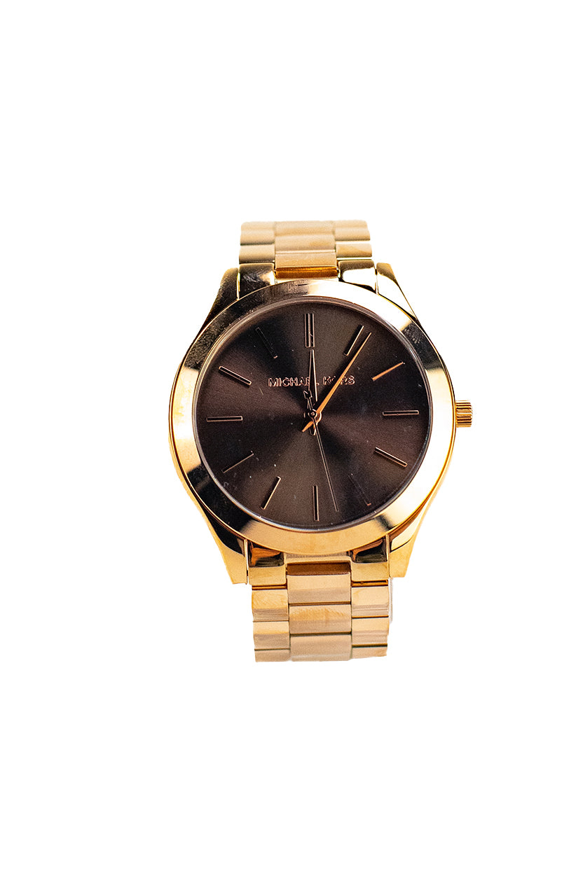 Michael Kors Runway Gold Toned Stainless Steel Brown Dial Wrist Watch