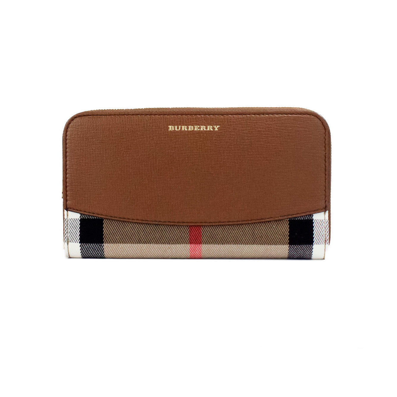 Burberry Elmore Tan Grainy Leather House Check Canvas Wallet