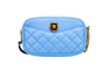 versace dv blue quilted crossbody on white background