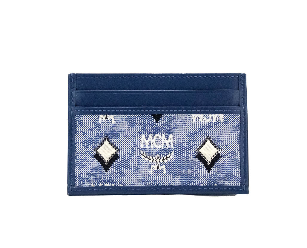 mcm vintage blue card case on white background
