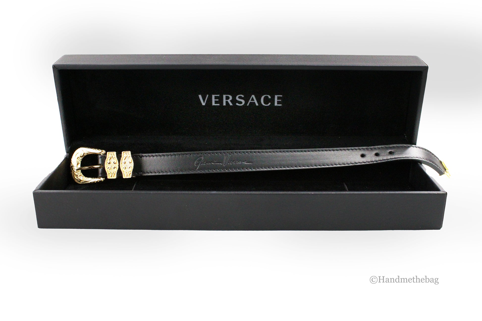 Versace Medusa Western Black Leather Gold Brass Buckle Bracelet
