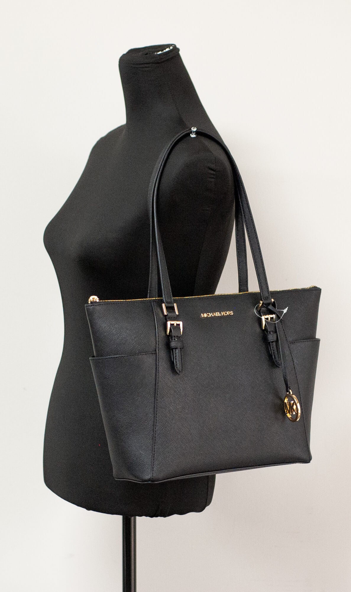 Michael Kors Charlotte Solid Black Leather Large Top Zip Tote Handbag Bag Purse