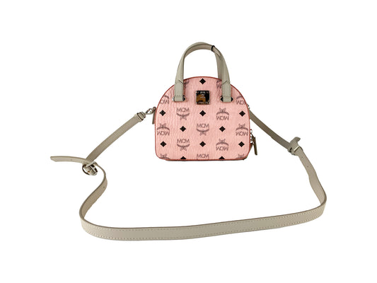 MCM Signature Soft Pink Diamond Logo Leather Mini Round Top Tote Crossbody Bag