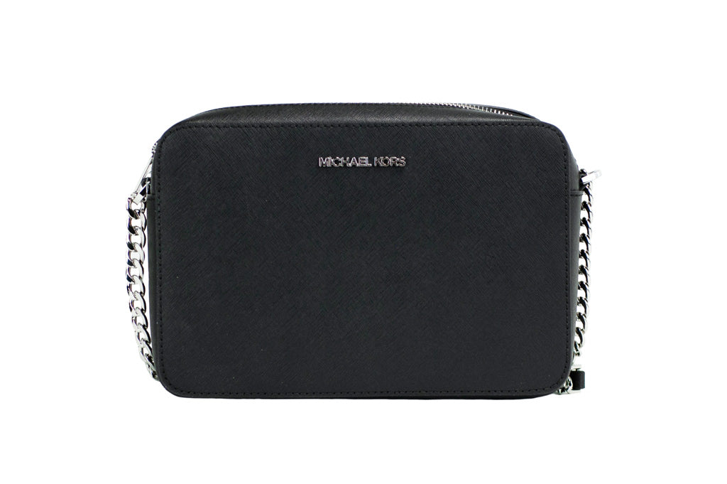 Michael Kors Jet Set black silver east west crossbody on white background