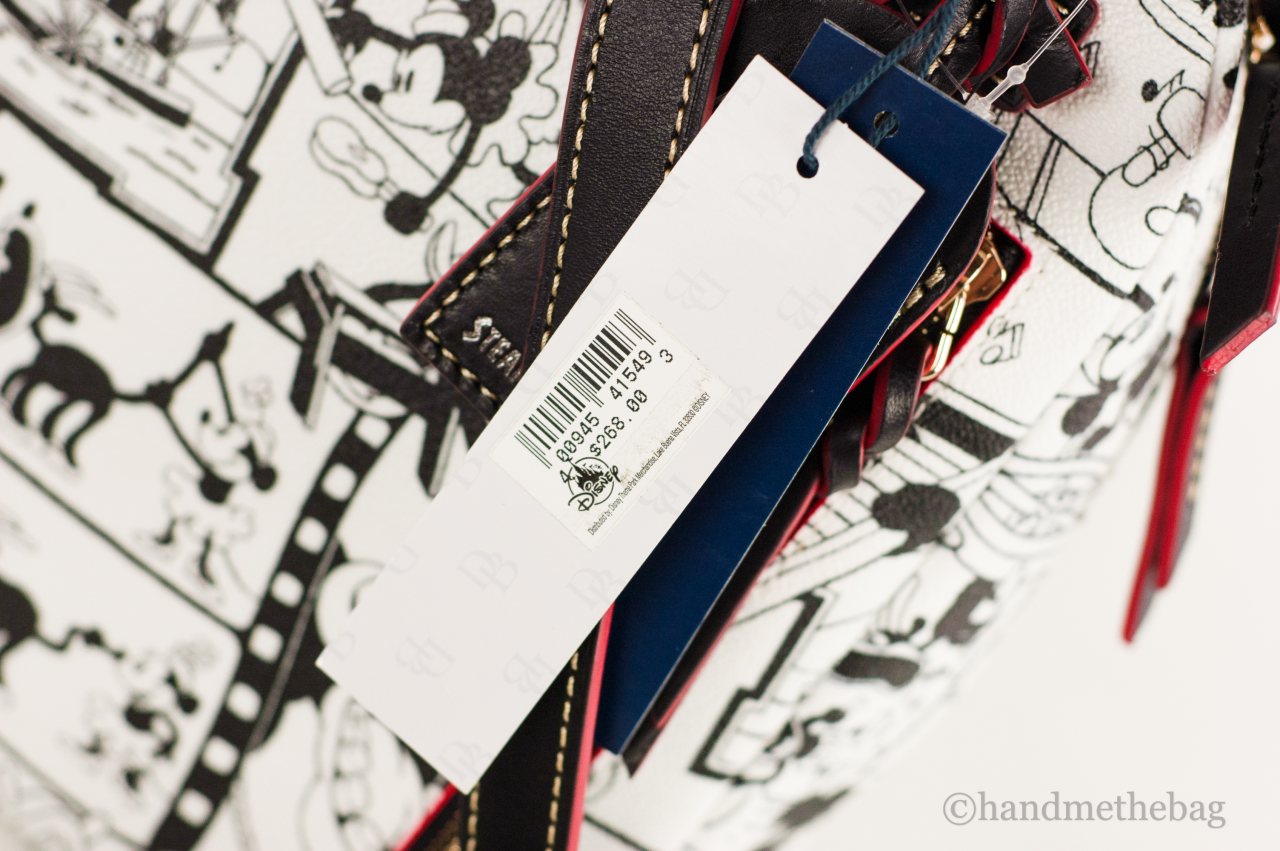 Dooney & Bourke Steamboat Willie backpack tag on white background