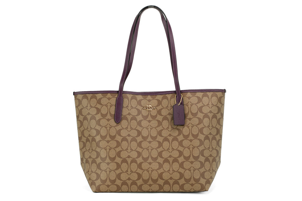 Coach City boysenberry tote on white background