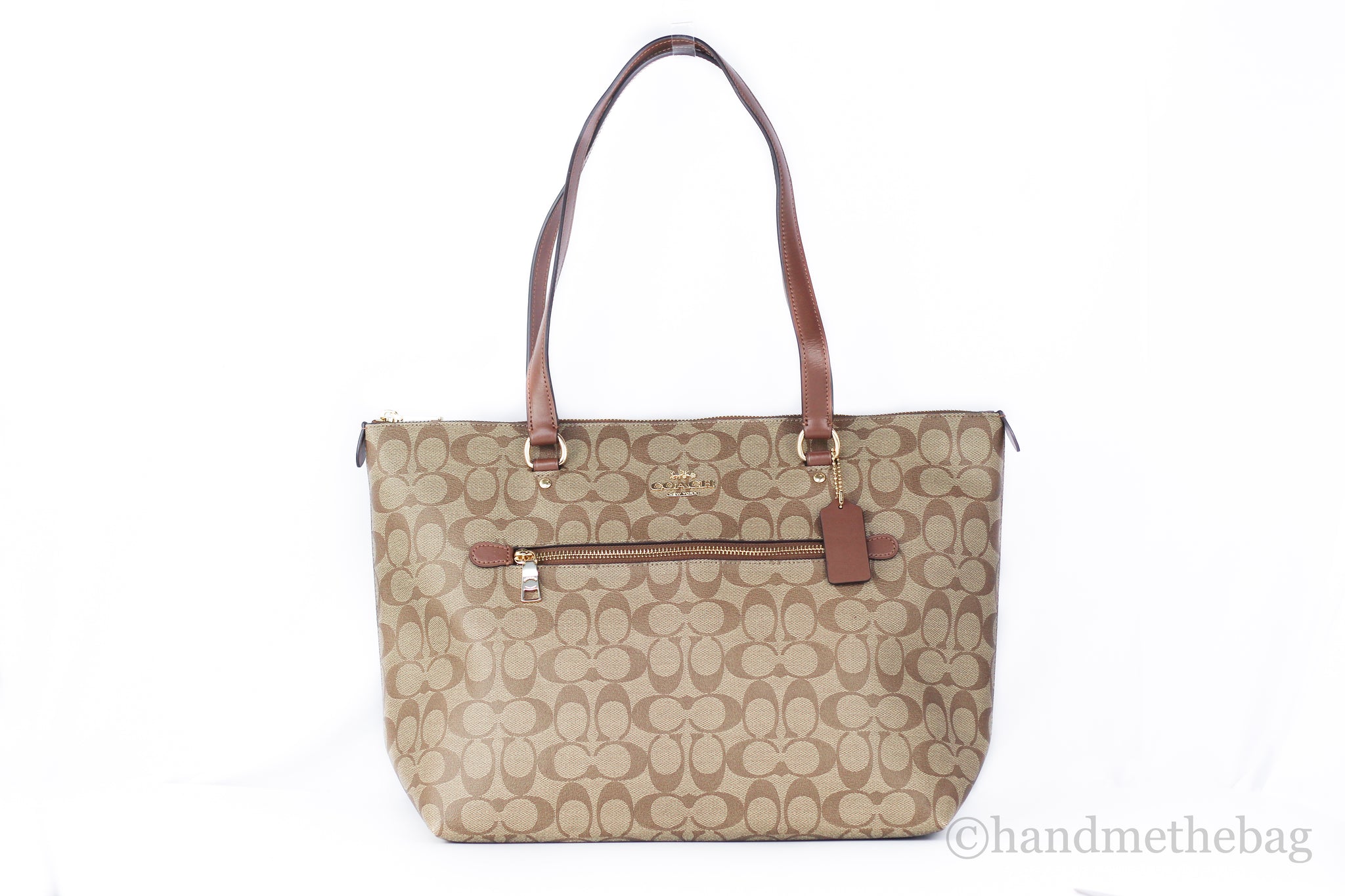 Coach (F79609) Signature Coated Canvas Leather Khaki Saddle Gallery Tote Handbag