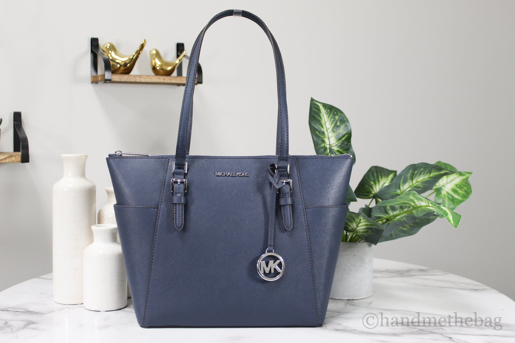 Michael Kors Charlotte Navy Leather Large Top Zip Tote