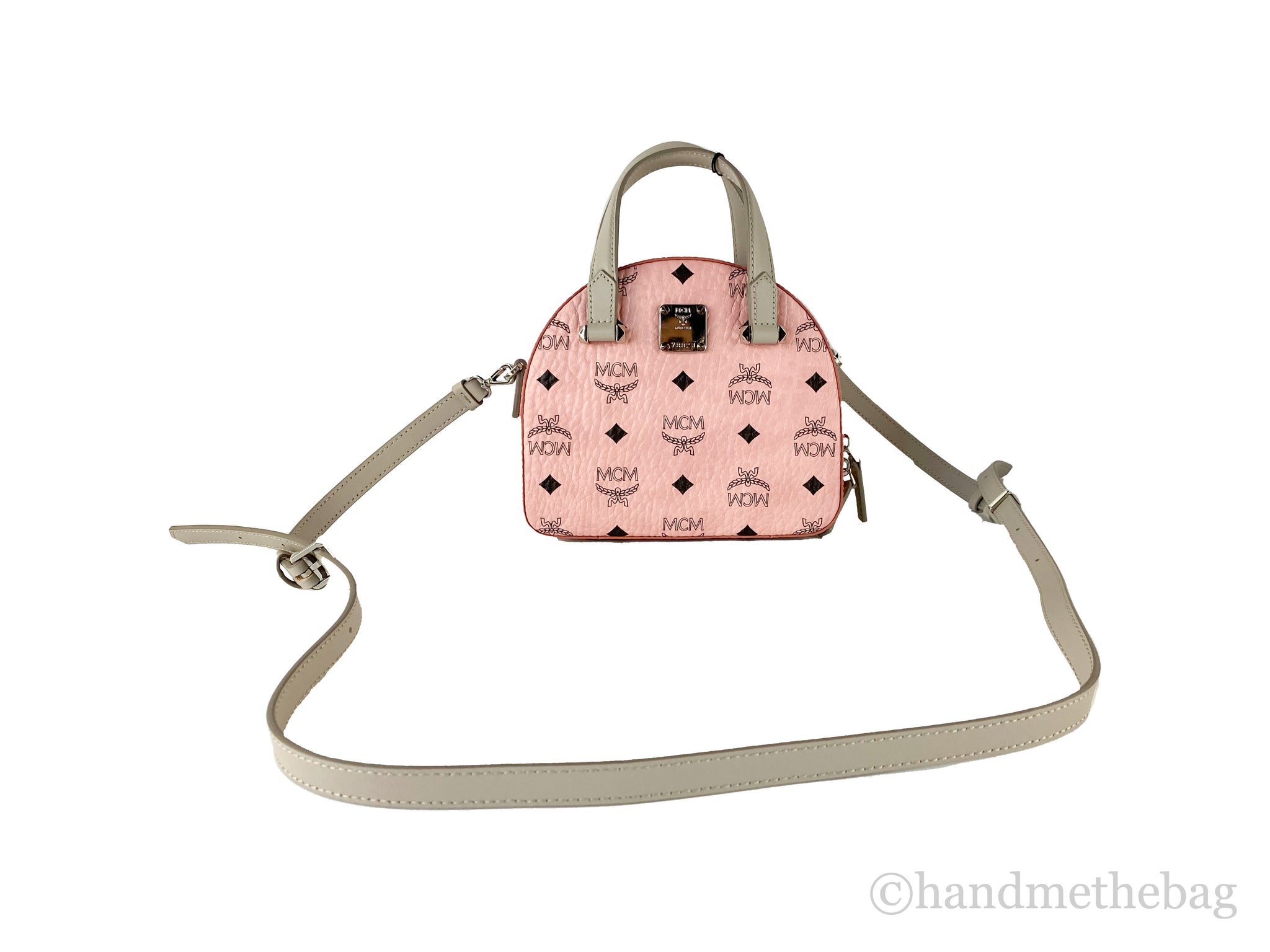 MCM Signature Soft Pink Diamond Logo Leather Mini Round Top Tote Crossbody Bag