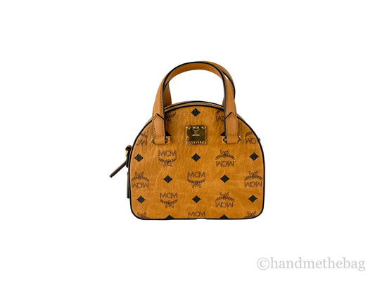 MCM Signature Cognac Diamond Logo Leather Mini Round Top Tote Crossbody Handbag