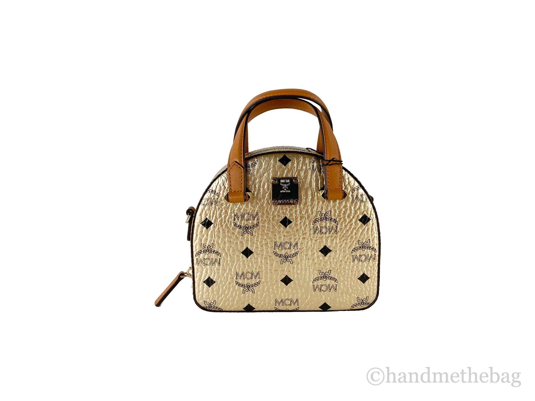 MCM Signature Berlin Gold Diamond Logo Leather Mini Round Top Tote Crossbody Bag