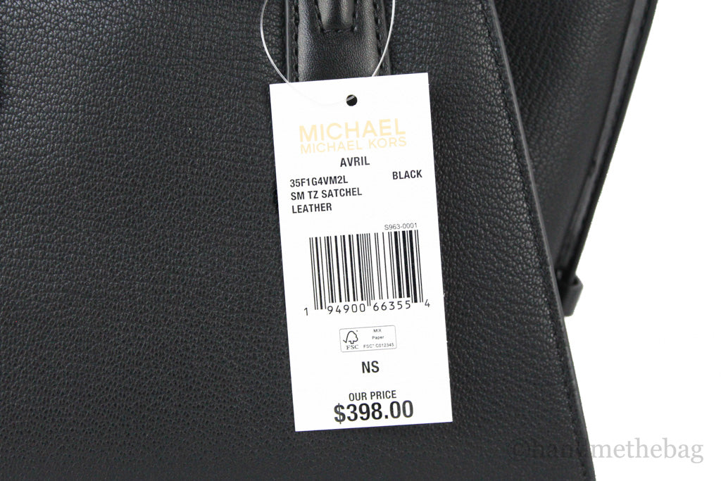 Michael Kors avril black small satchel tag on white background