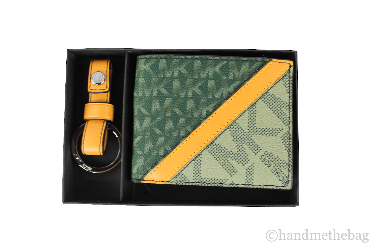 Michael Kors Mens Gifting Slim Green Marigold Signature Bifold with Key Fob Box Set