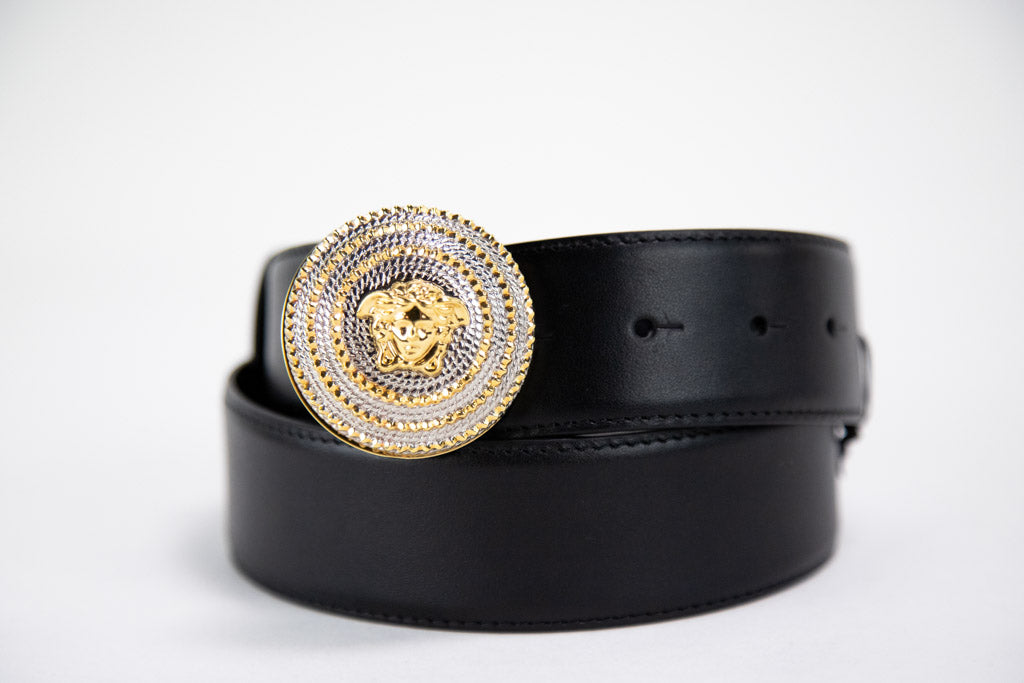 Versace Round Medusa buckle belt on white background