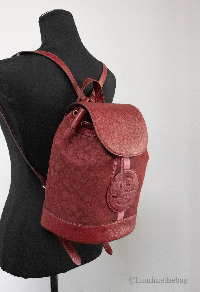 coach dempsey red apple canvas backpack on mannequin