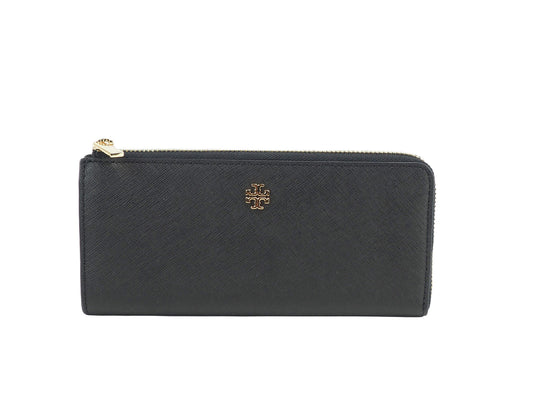 Tory Burch emerson black l-zip wallet on white background