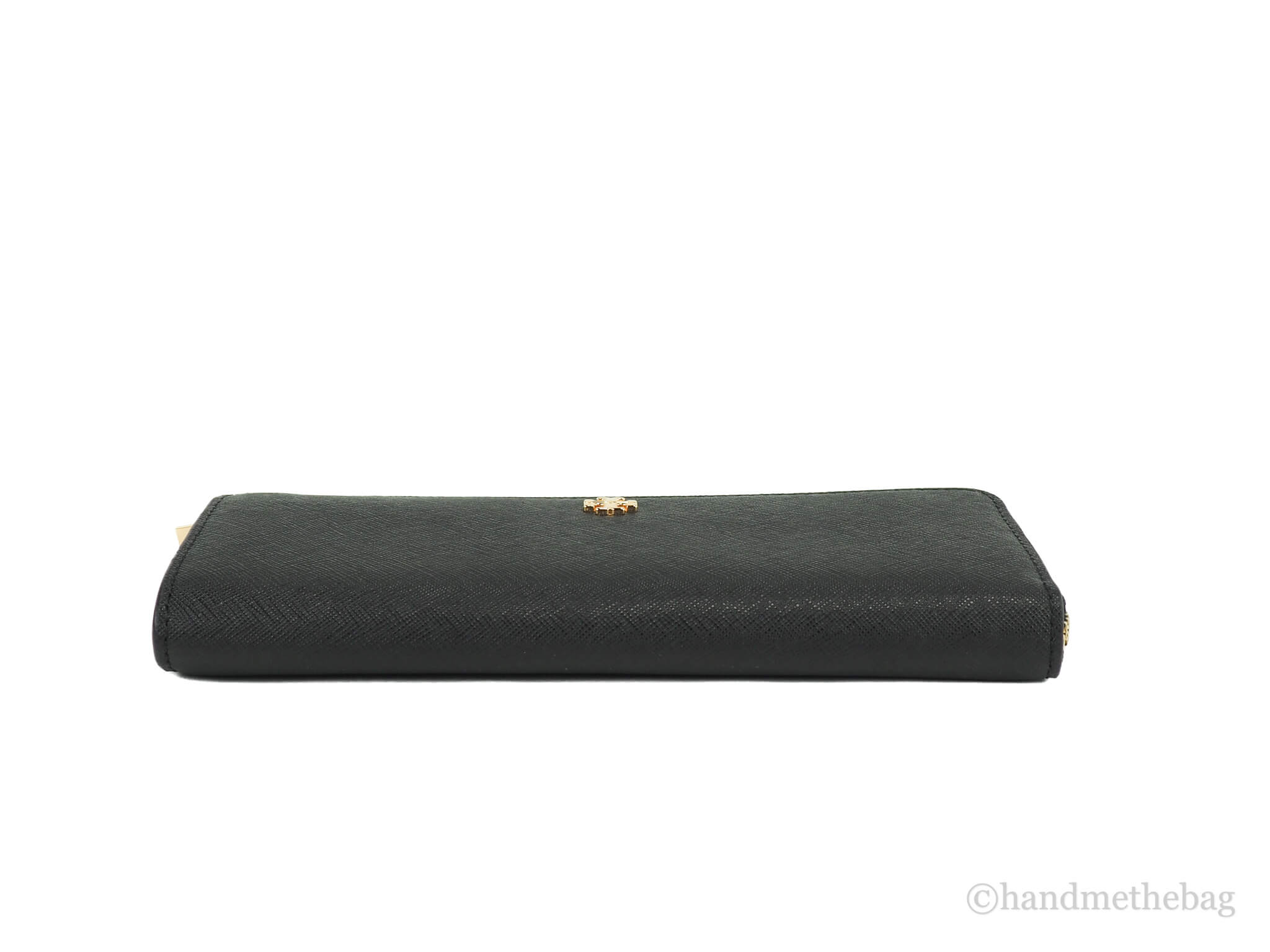Tory Burch emerson black l-zip wallet bottom on white background