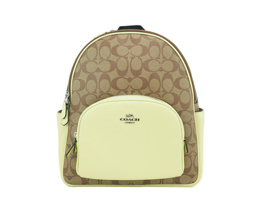 Coach Court khaki pale lime backpack on white background