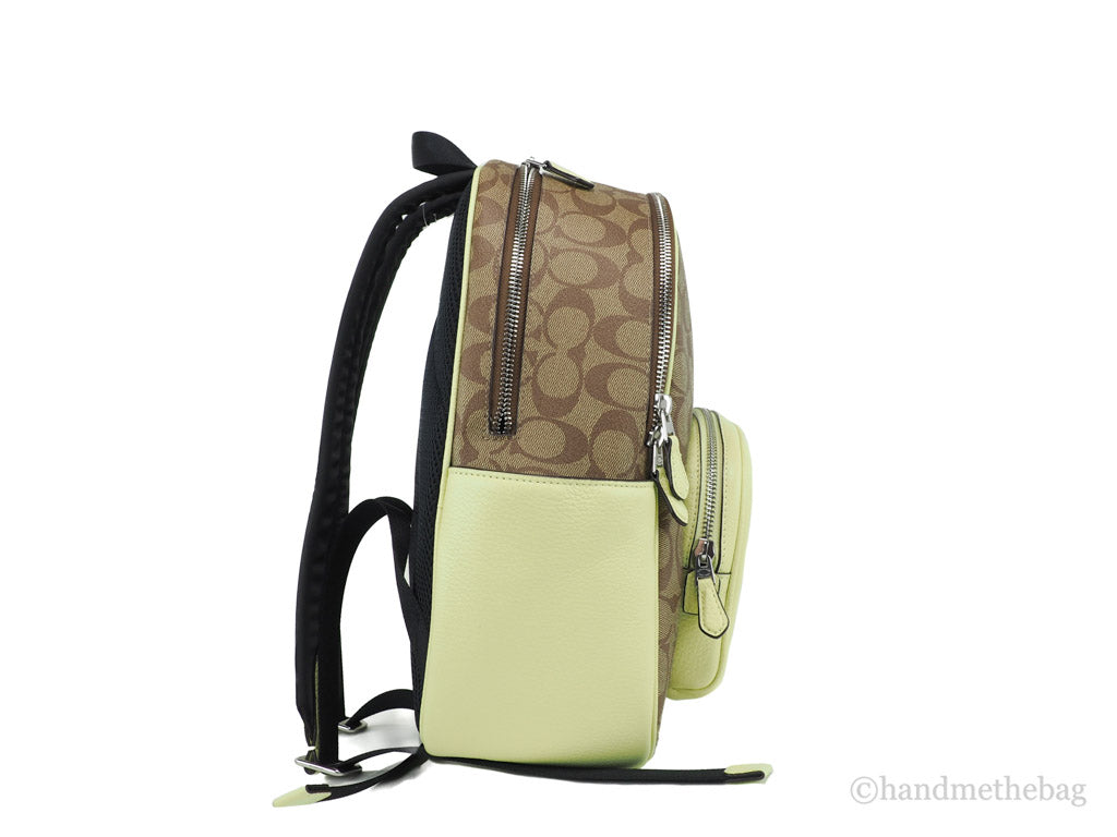 Coach Court khaki pale lime backpack side on white background