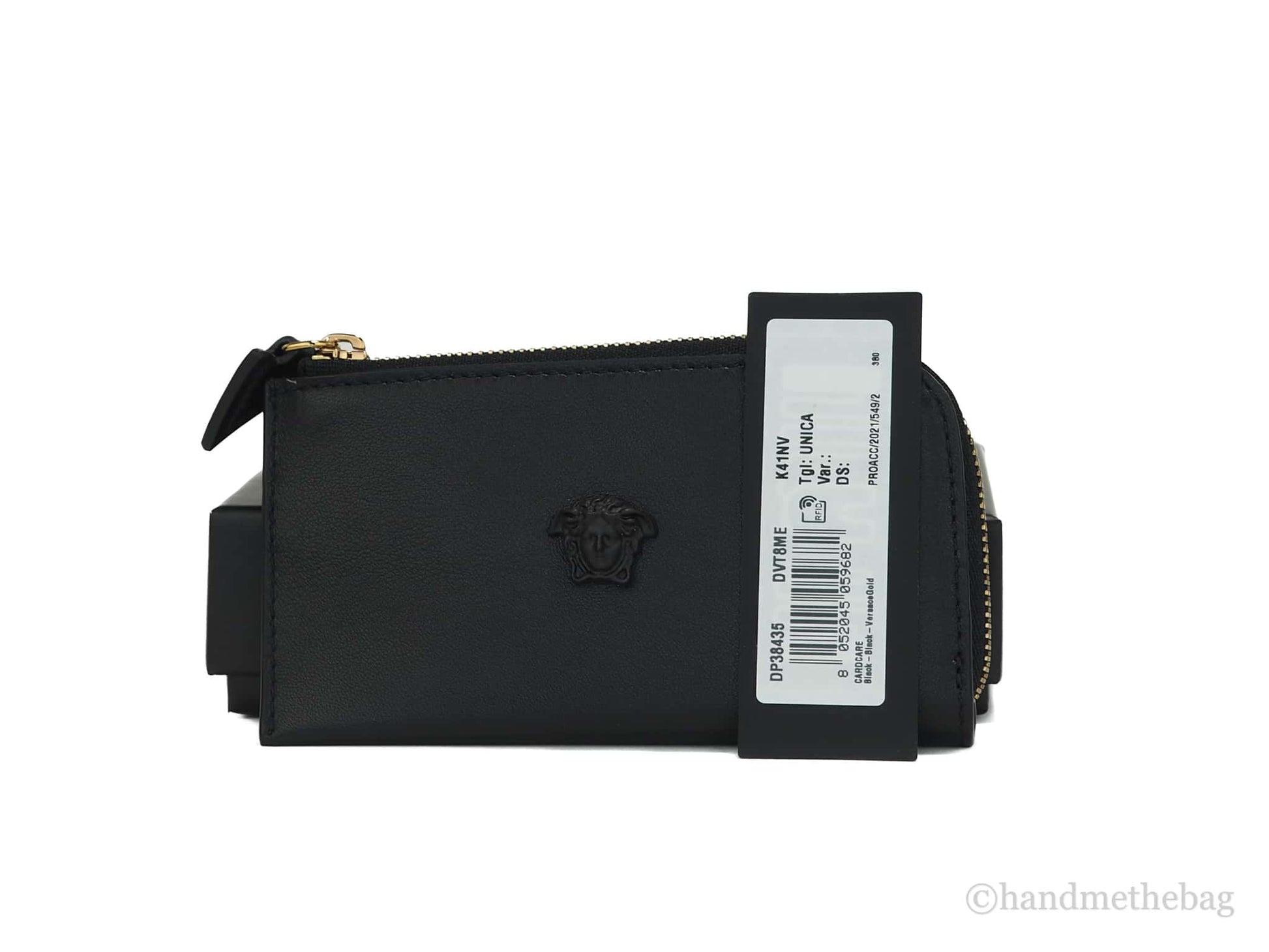 Versace black medusa card case with tag on white background