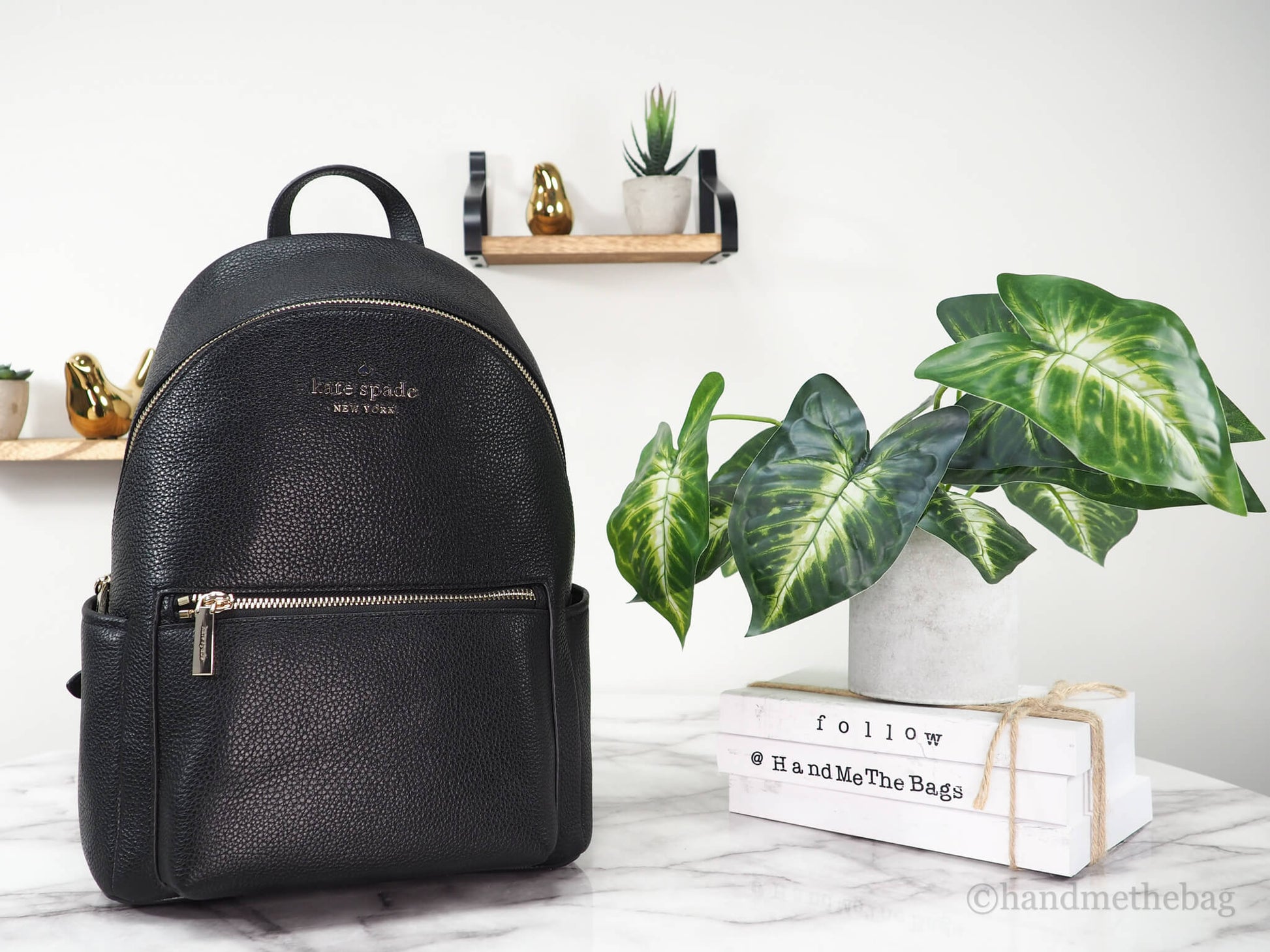 Kate Spade leila black dome backpack on marble table