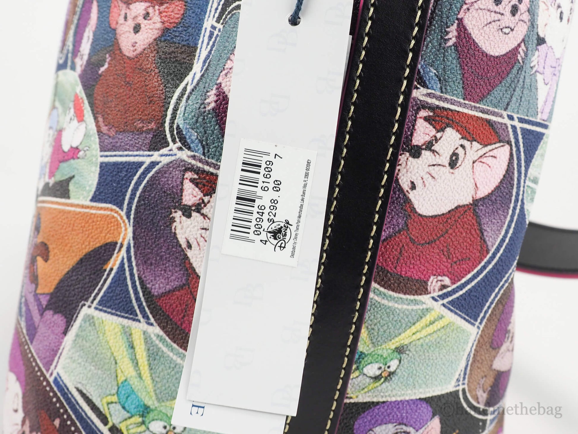 Dooney and Bourke Rescuers drawstring bag tag on white background 