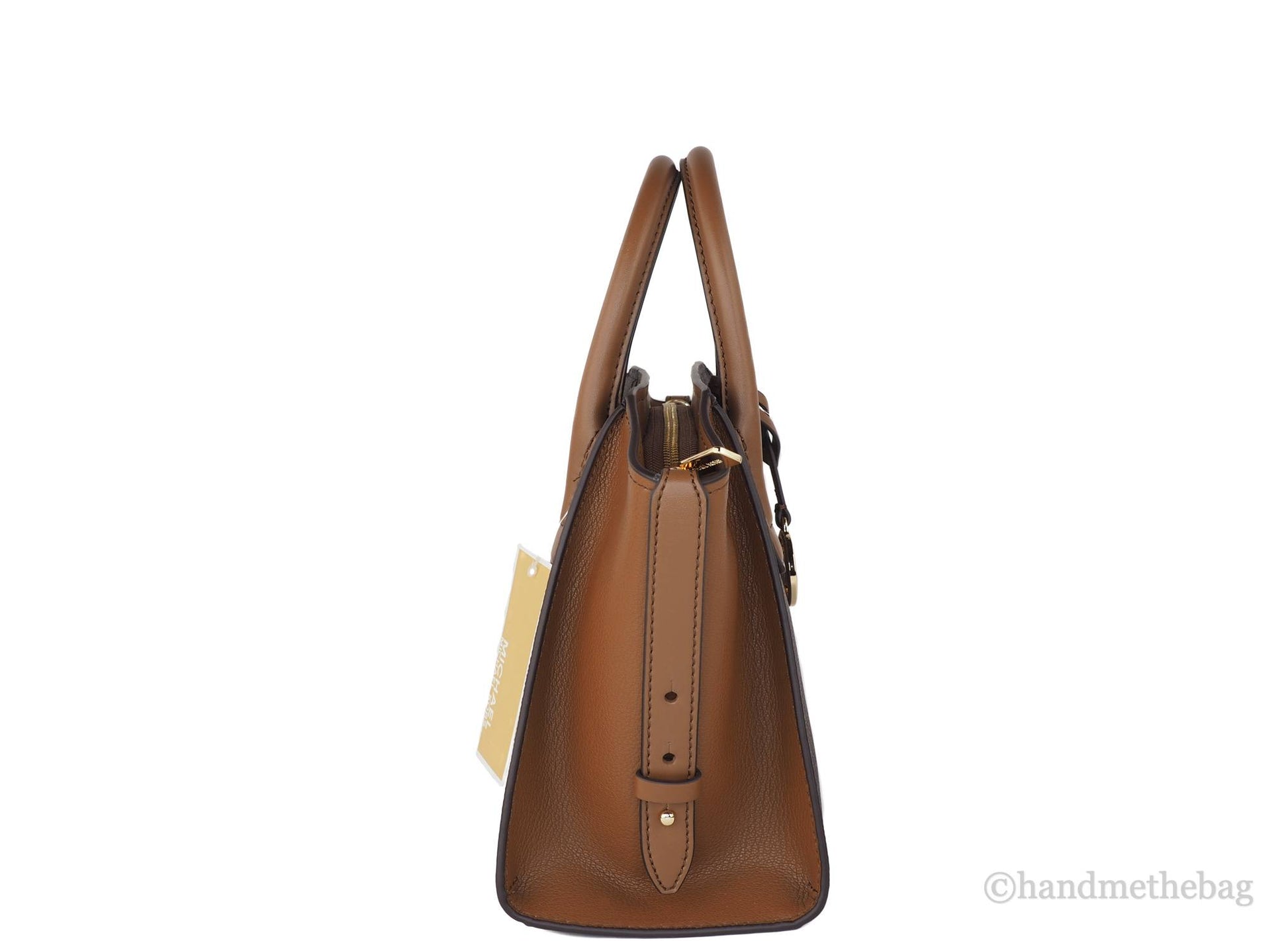Michael Kors avril brown pvc satchel bag side on white background