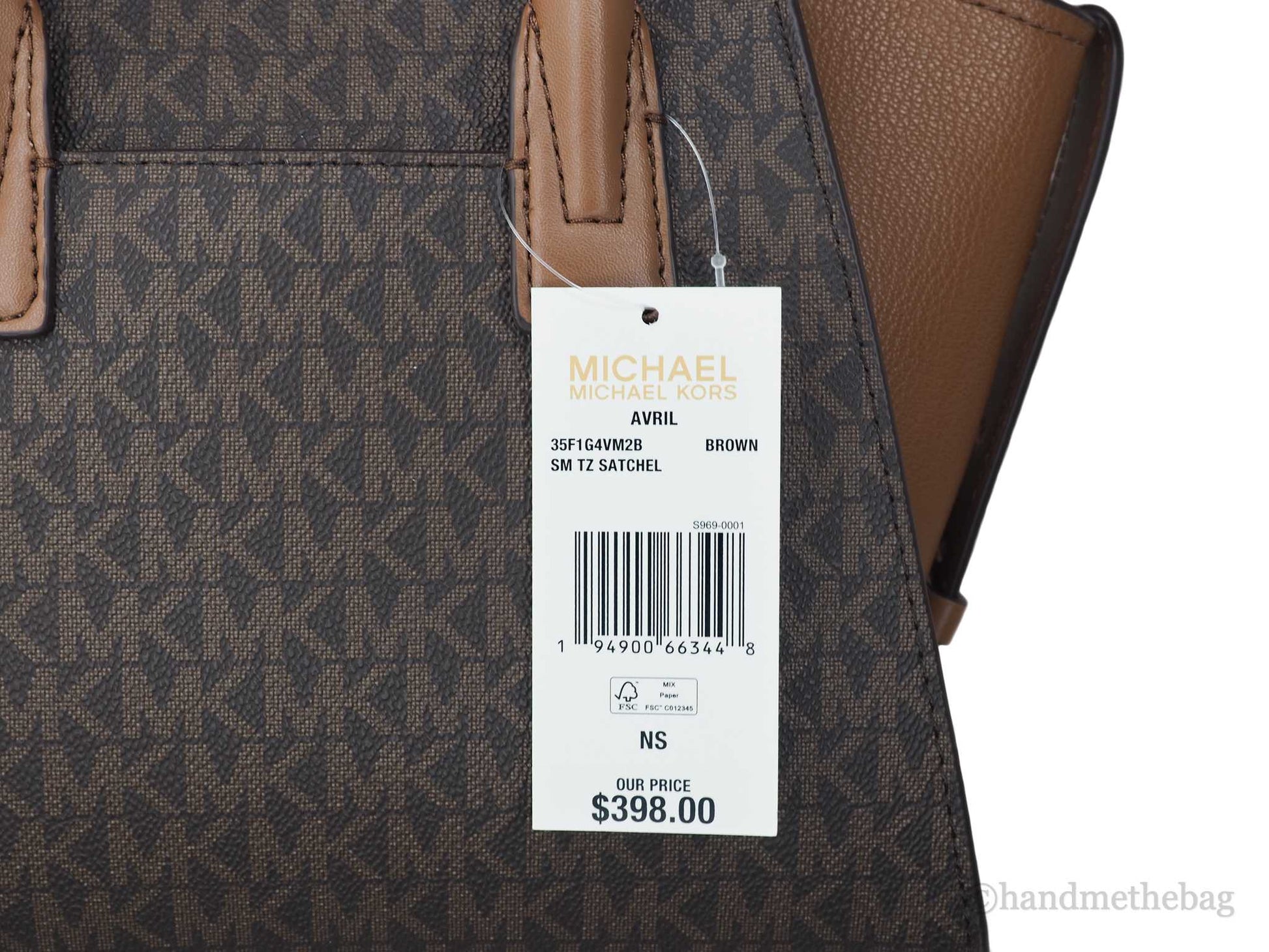 Michael Kors avril brown pvc satchel bag tag on white background