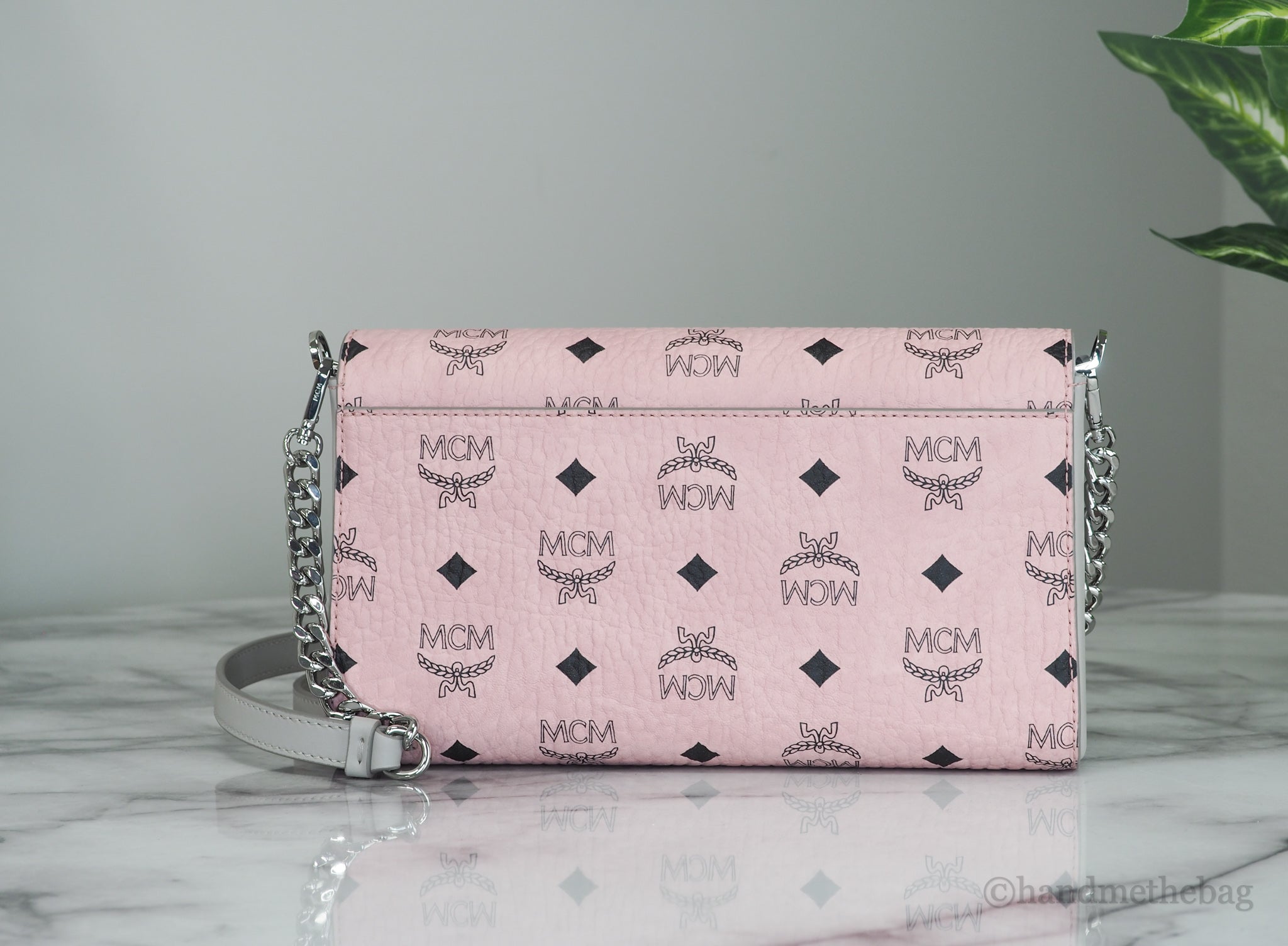 MCM Medium Soft Pink Signature Diamond Logo Leather Clutch Crossbody Handbag
