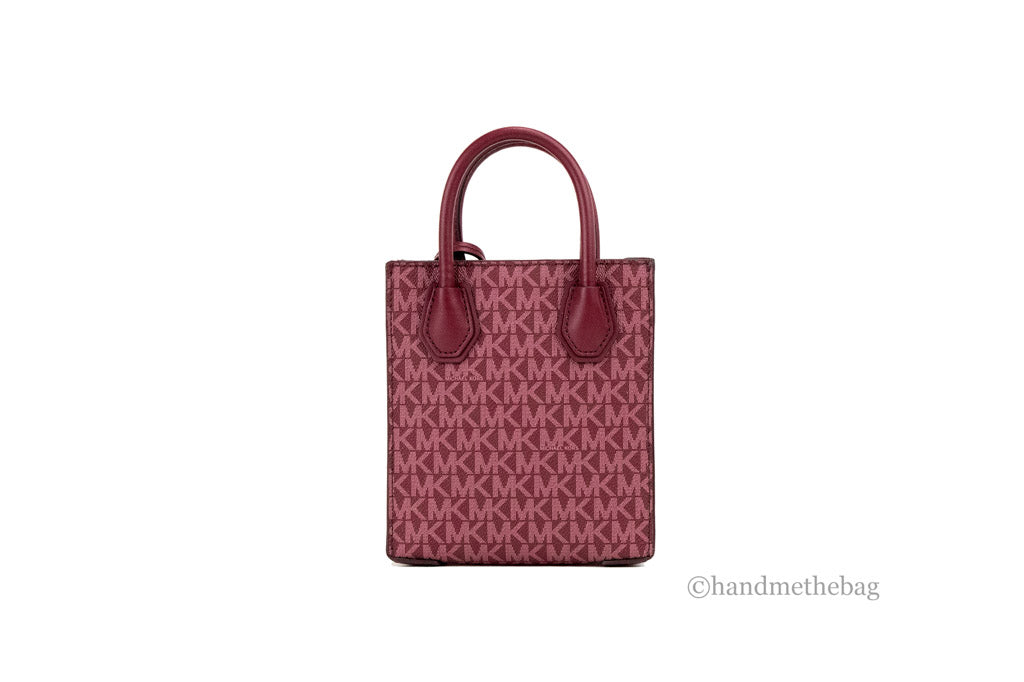 michael kors mercer xs mulberry crossbody back on white background