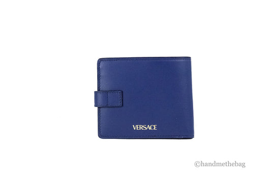 versace navy blue compact bifold wallet back on white background