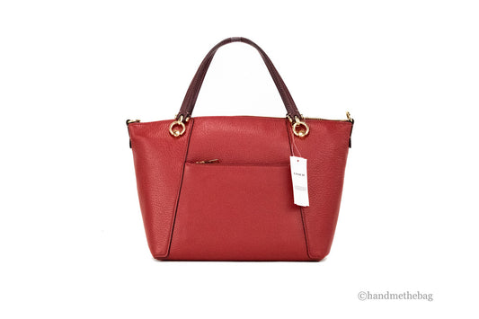 coach kacey colorblock red apple satchel back on white background