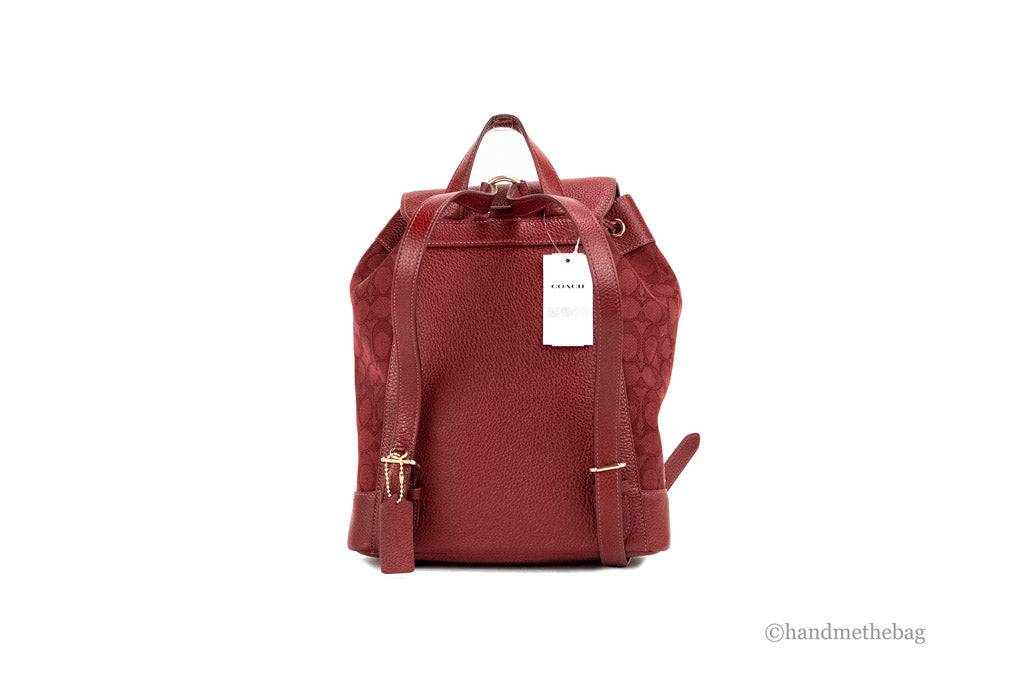coach dempsey red apple canvas backpack back on white background