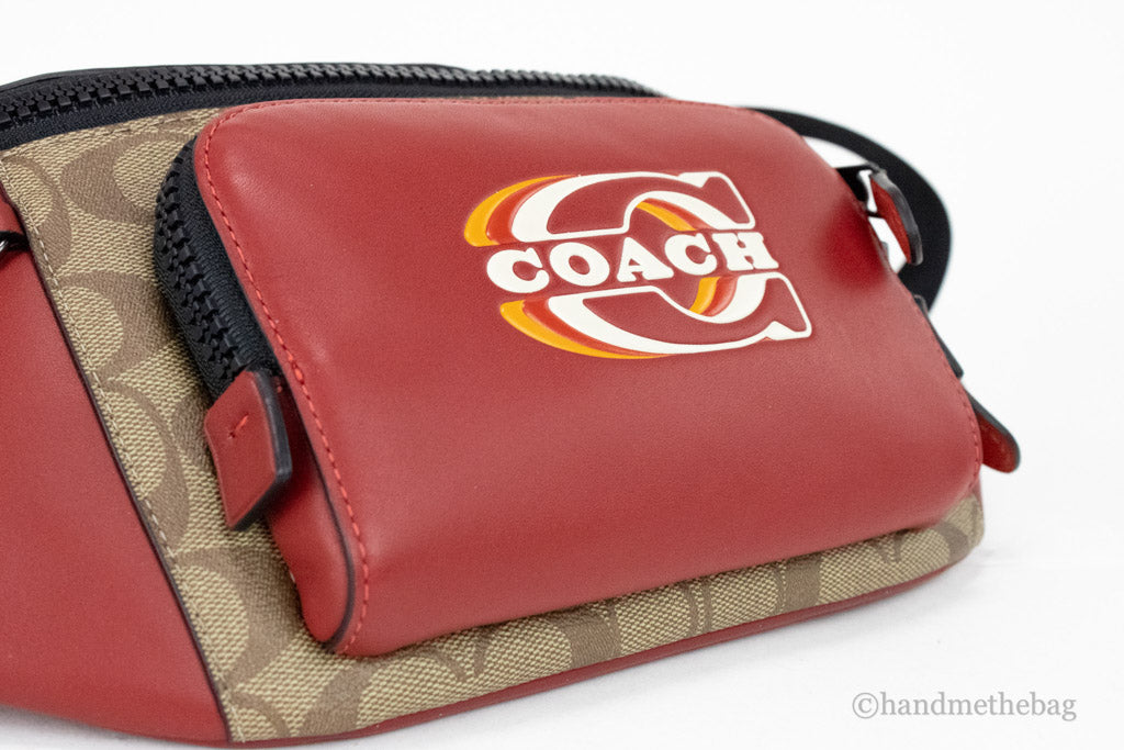 coach colorblock red track belt bag detail on white background