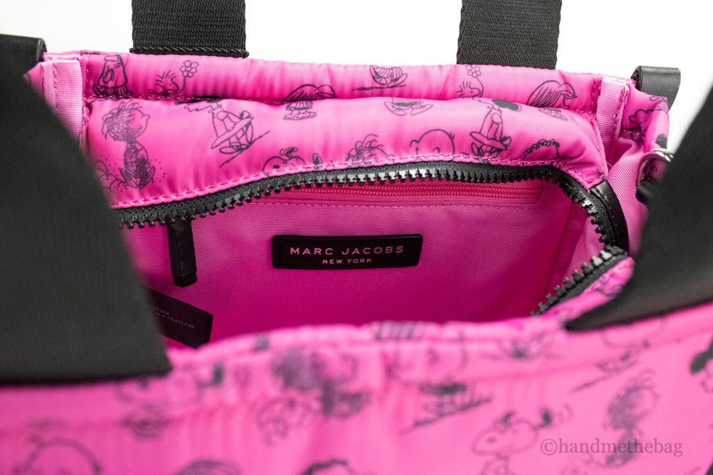 marc jacobs x peanuts fuchsia tote inside on white background