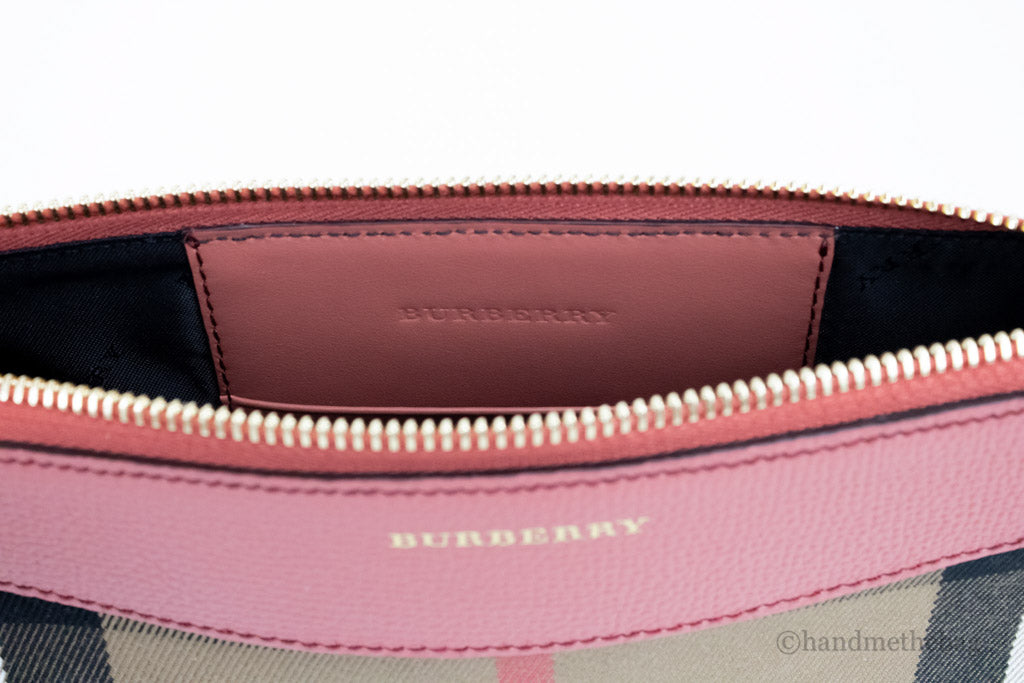 burberry peyton house check cinnamon red crossbody inside on white background