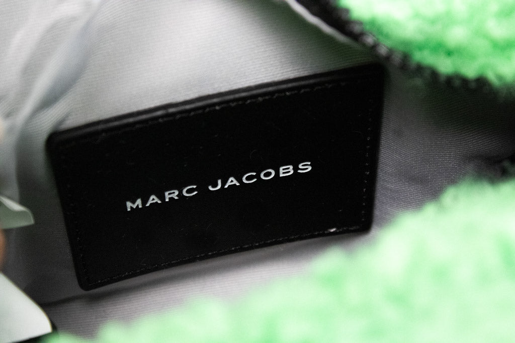 marc jacobs the teddy micro fluffy green tote bag inside on white background