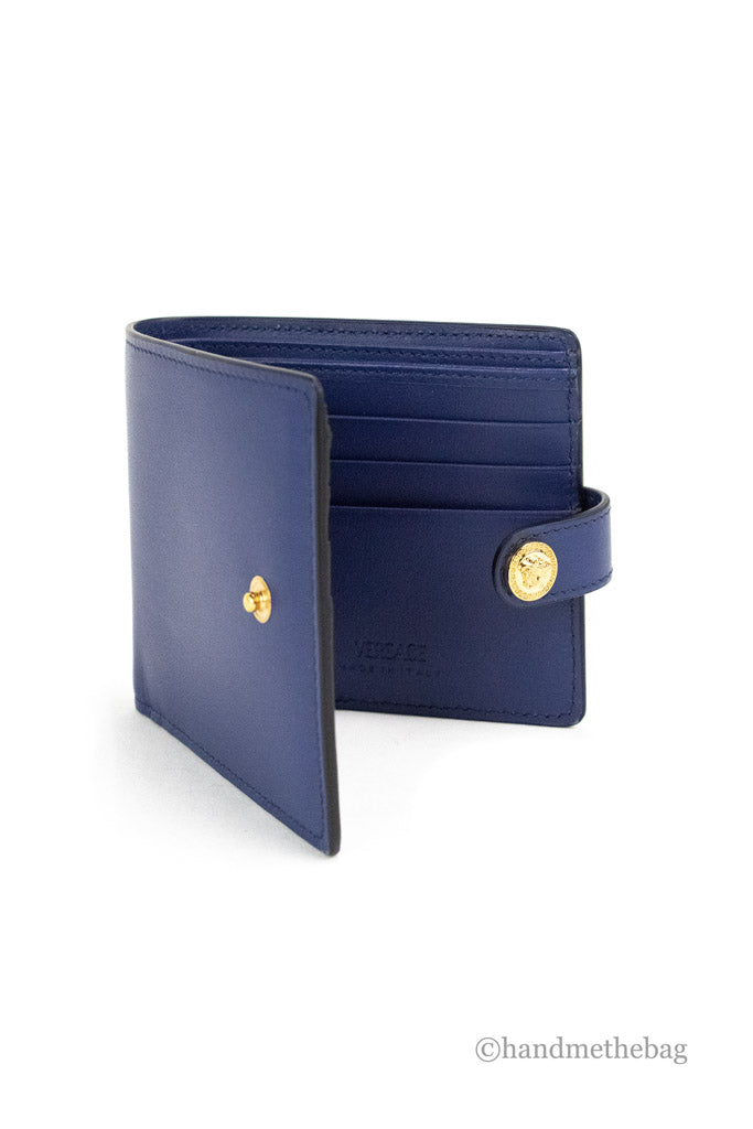 versace navy blue compact bifold wallet inside on white background