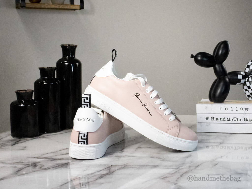 gianni versace powder blush sneakers back on marble table