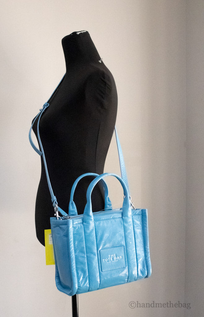 marc jacobs the shiny crinkle mini tote air blue on mannequin