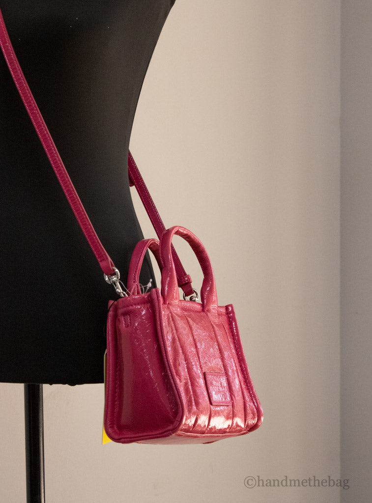marc jacobs magenta the shiny crinkle micro tote on mannequin