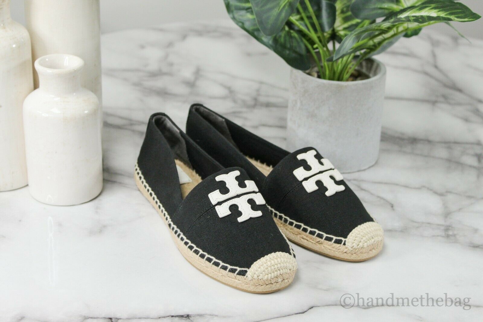 Tory Burch (40034) Weston Perfect Black White Recycled Canvas Leather Flat Espadrille Shoes