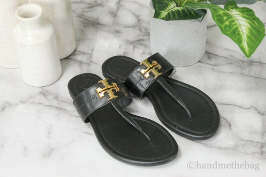 Tory Burch (73854) Everly Black Leather Backless Flat Slip On Thong Sandal Shoes